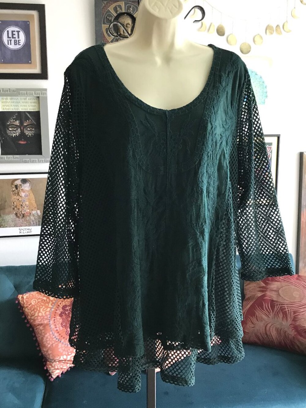 INDIGO THREAD size 1X Forest Green Crochet Embroidered Mesh Boho Whimsigoth Top